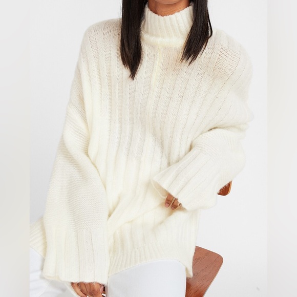 NWT Express Mixed Rib Mock Neck Tunic Sweater Off White/Ivory SZ Large - Picture 10 of 10